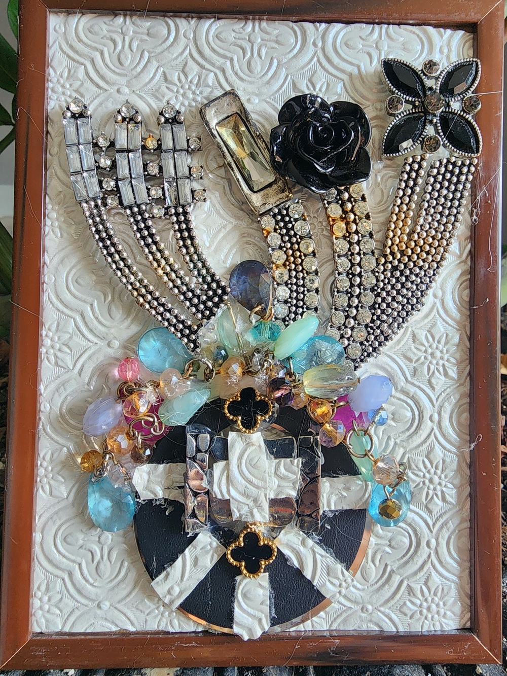 Handmade Framed Jewelry Art Made W Vintage Fashion Costune Flora Mixed Media